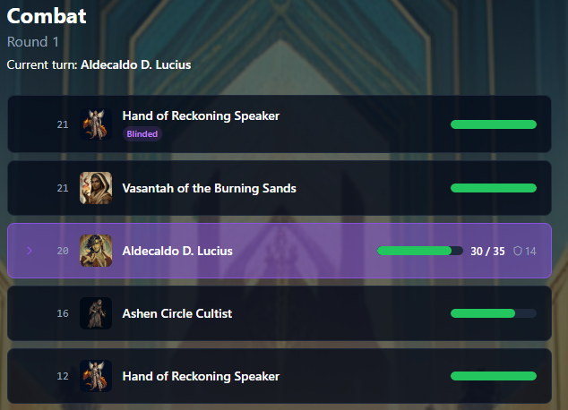 Loomweaver live combat tracker with initiative order and HP bars