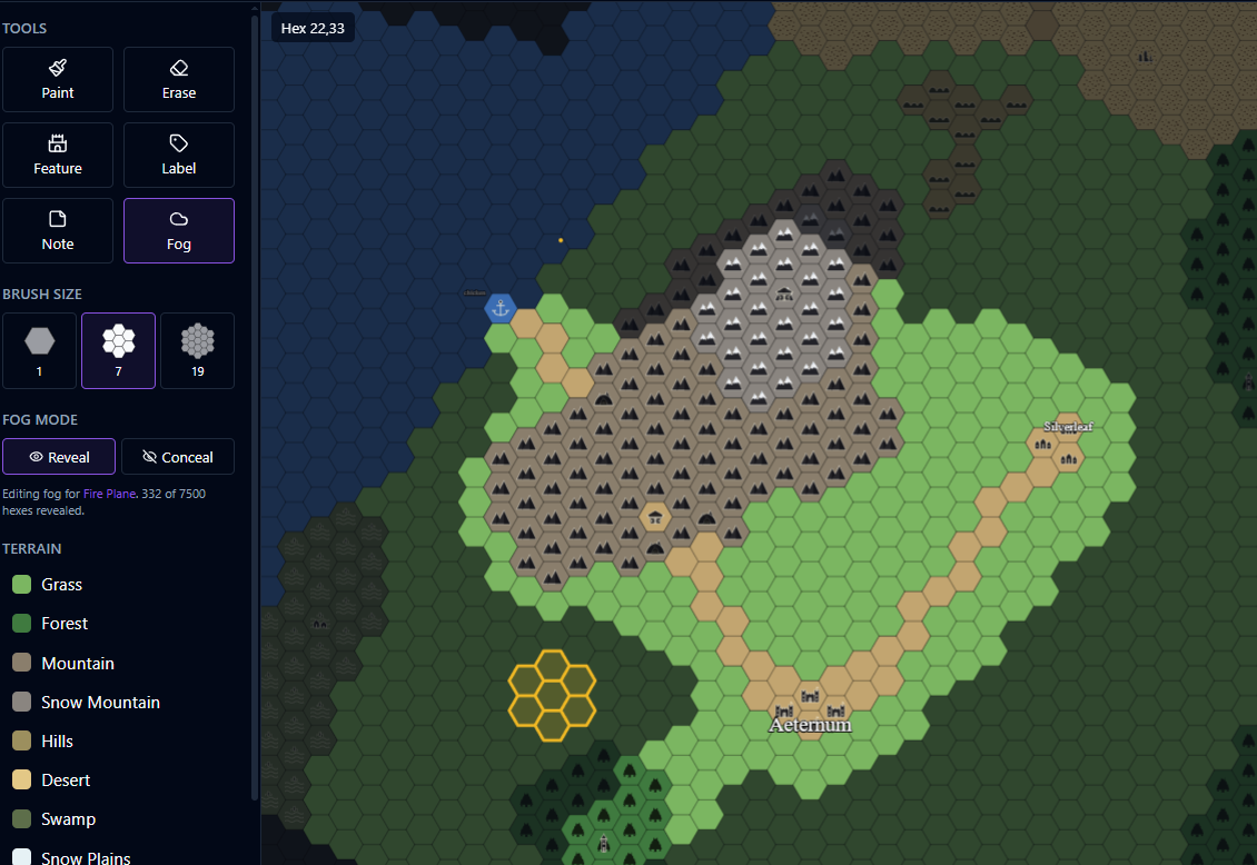 Loomweaver hex map editor showing a continent with painted terrain