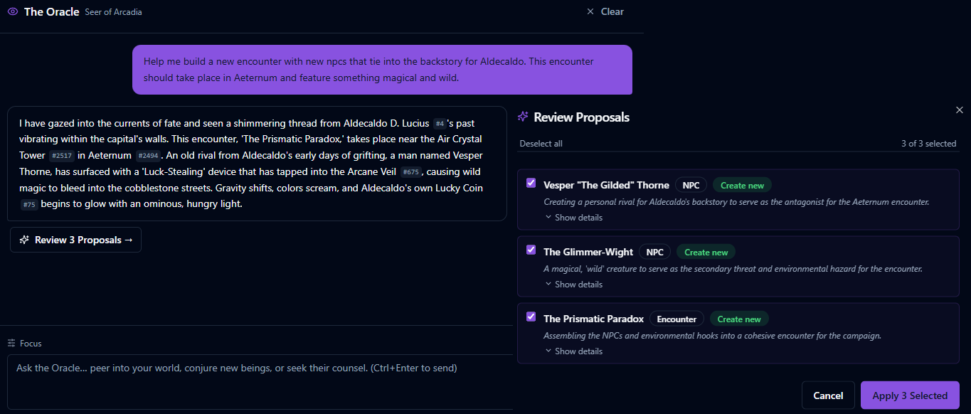 Loomweaver Oracle chat with entity reference badges