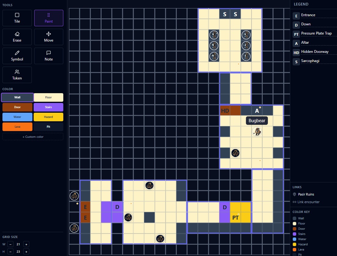 Loomweaver dungeon editor showing a square grid with painted tiles, symbols, and tokens